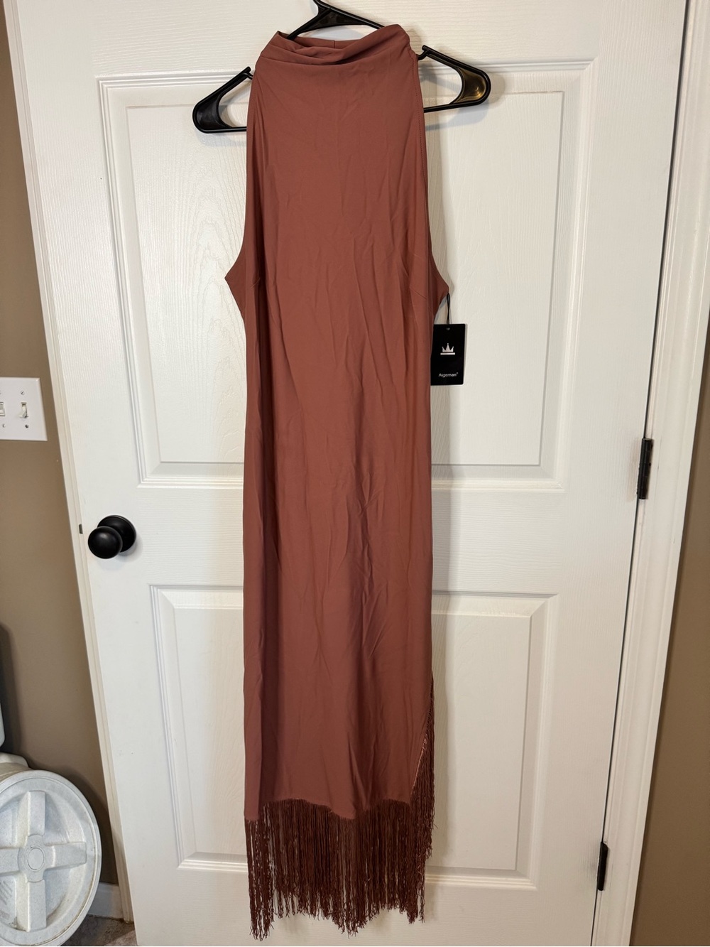 High-Neck Rust Maxi Dress with Fringe Hem